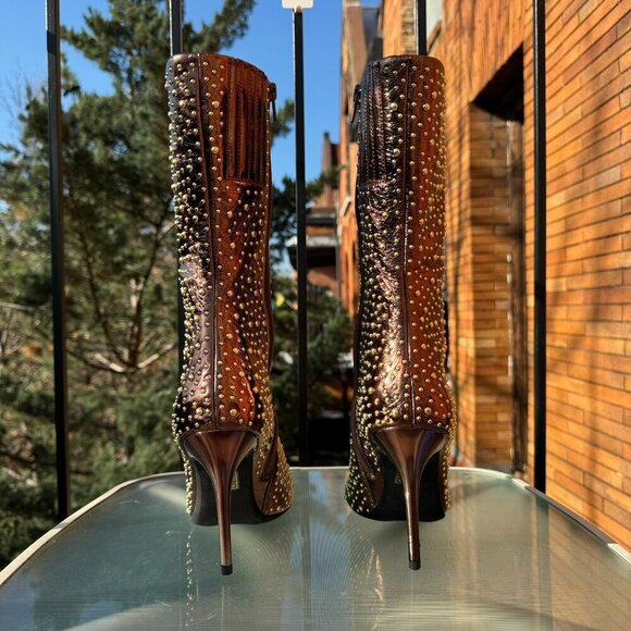 New Jeffrey Campbell Iconic Heeled Studded Boots Shoes Gold Bronze Womens 10 - Picture 8 of 11